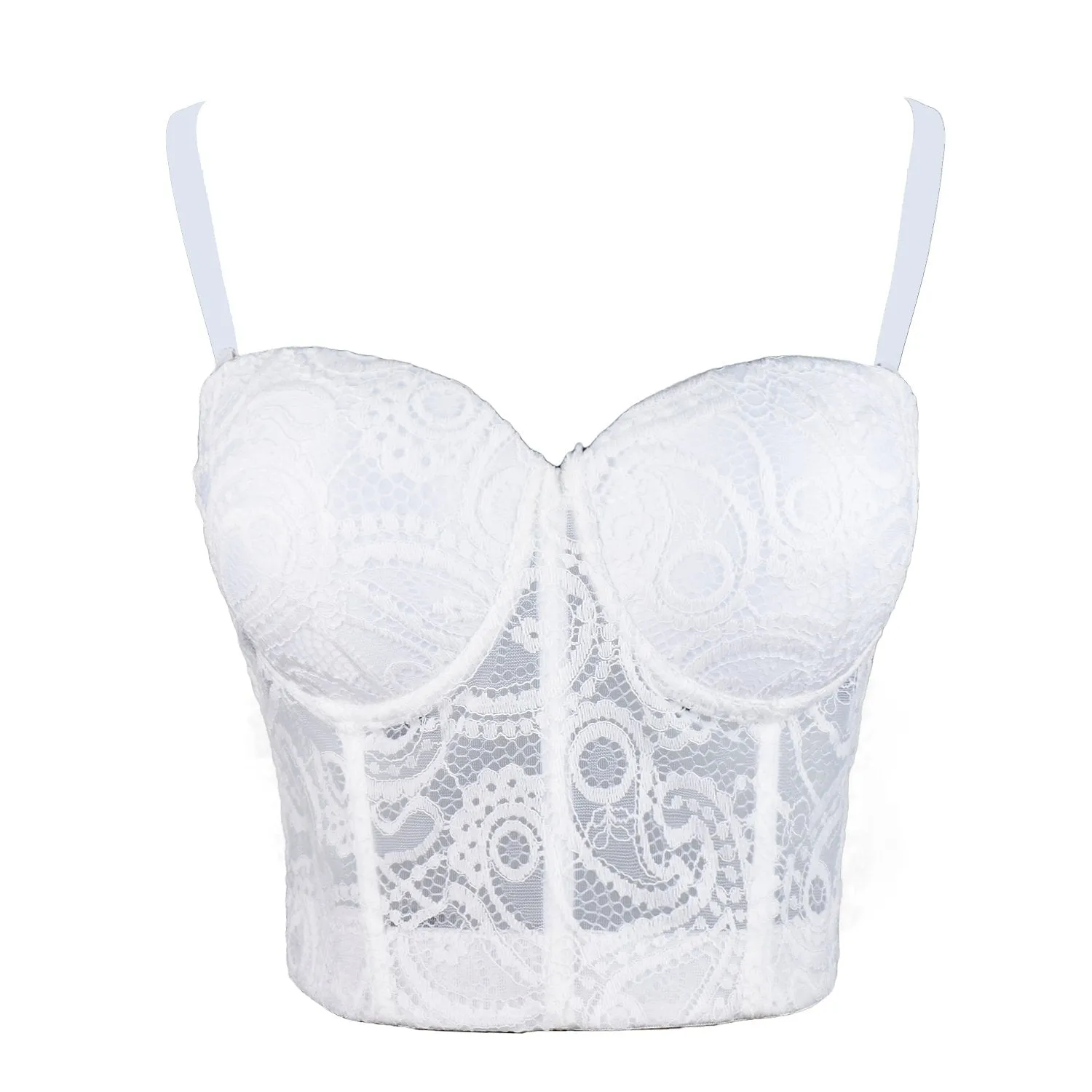 Women's Paisley Mesh Lace Bustier Crop Top Sexy Corset Top Bra White