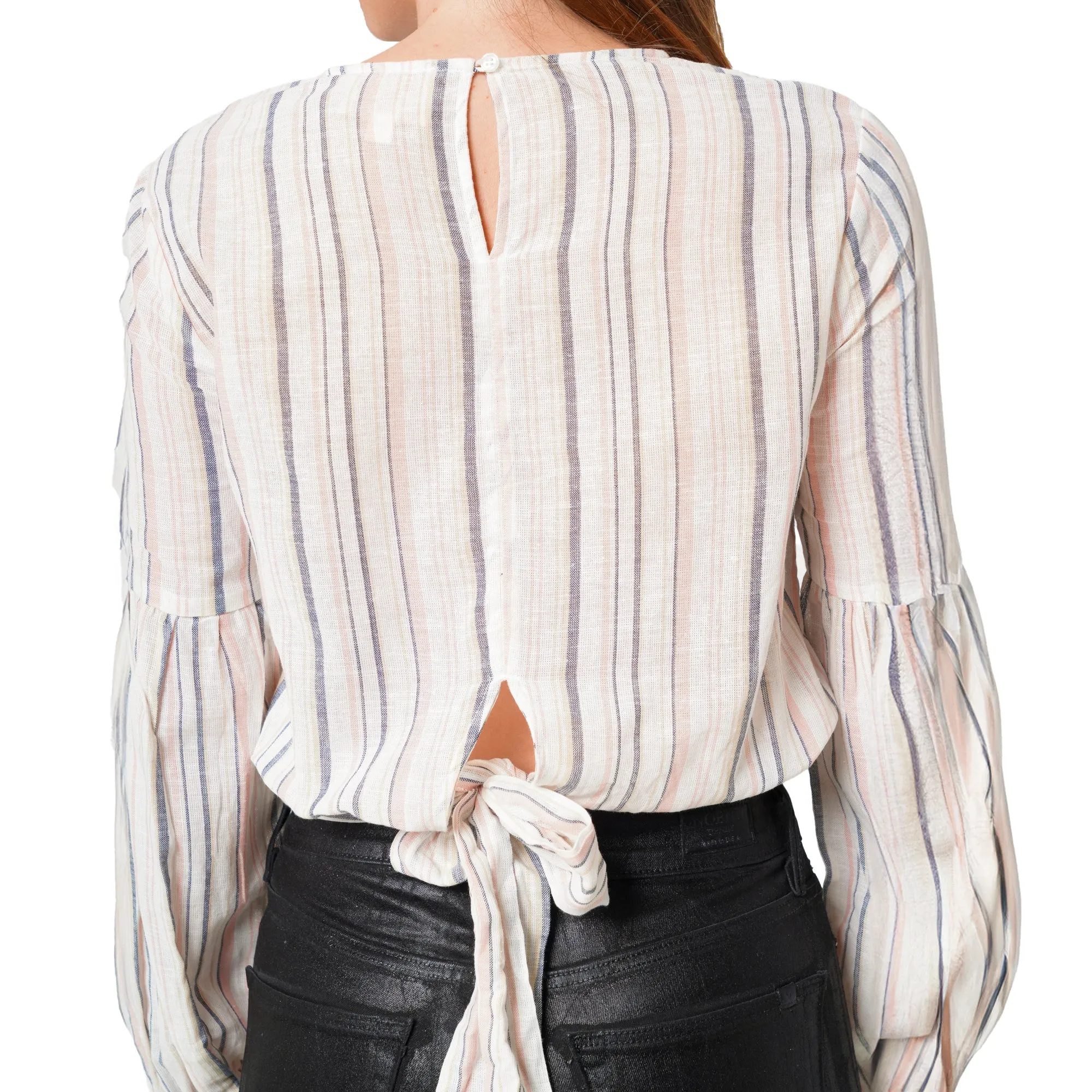 Women's Tie Back Long Sleeve Top in Ecru-multi