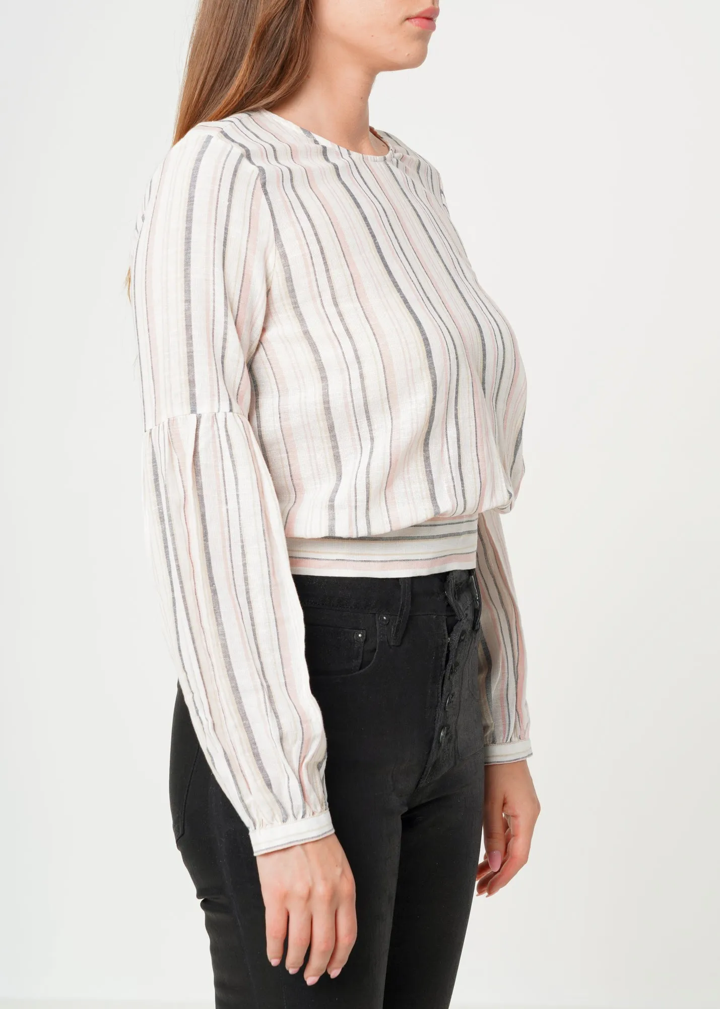 Women's Tie Back Long Sleeve Top in Ecru-multi
