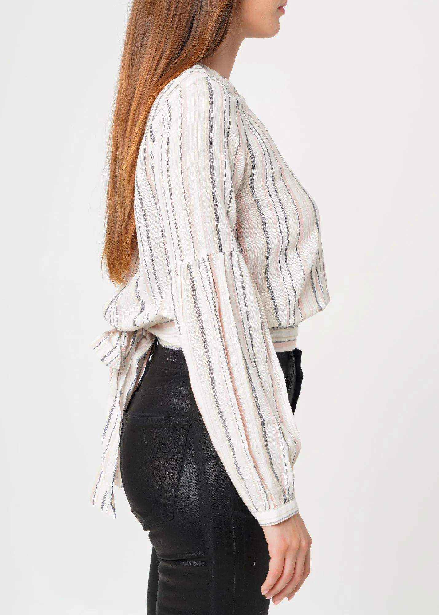 Women's Tie Back Long Sleeve Top in Ecru-multi