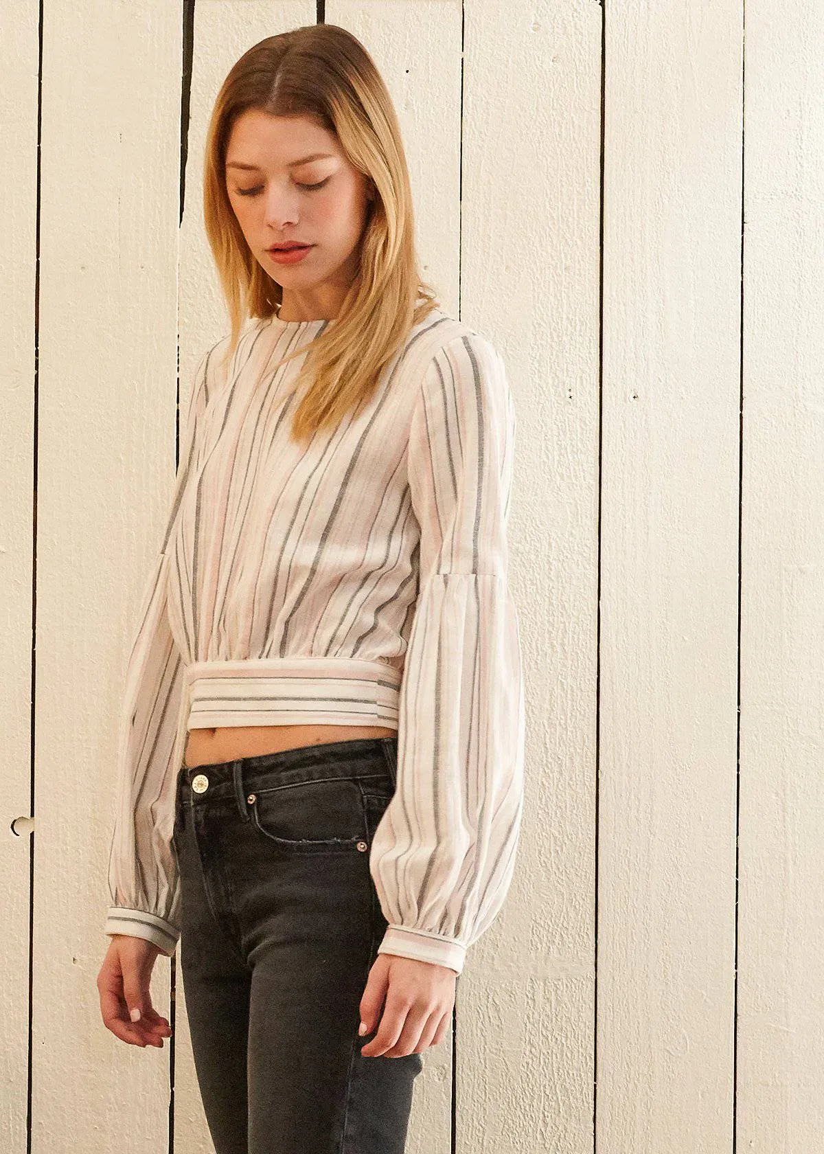 Women's Tie Back Long Sleeve Top in Ecru-multi