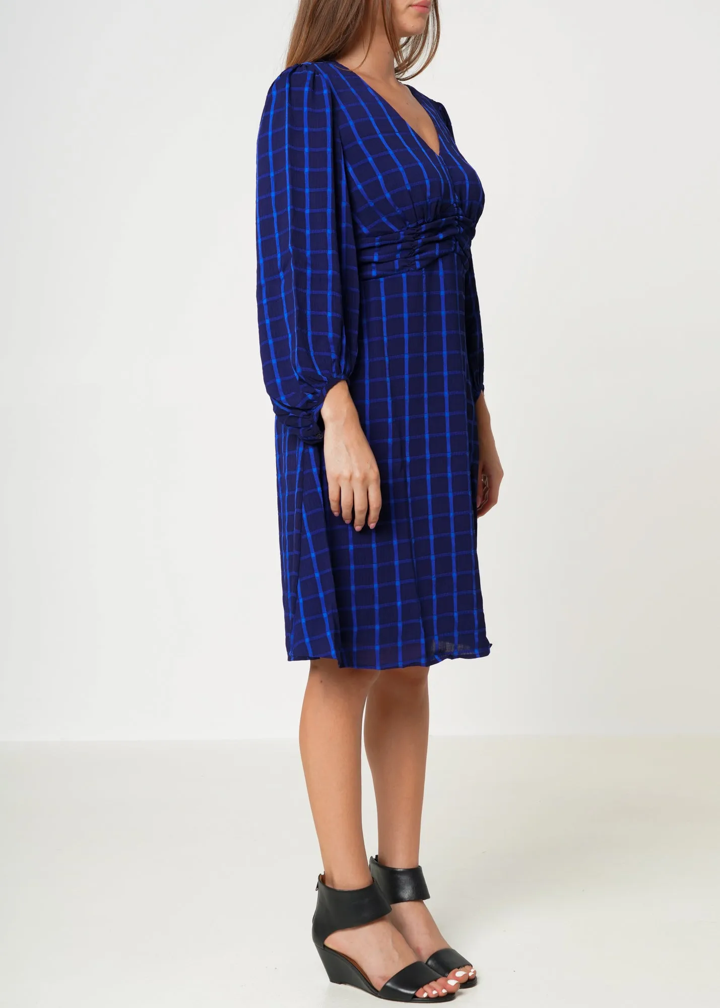 Women's V-neck Checkered Dress in Night Plaid