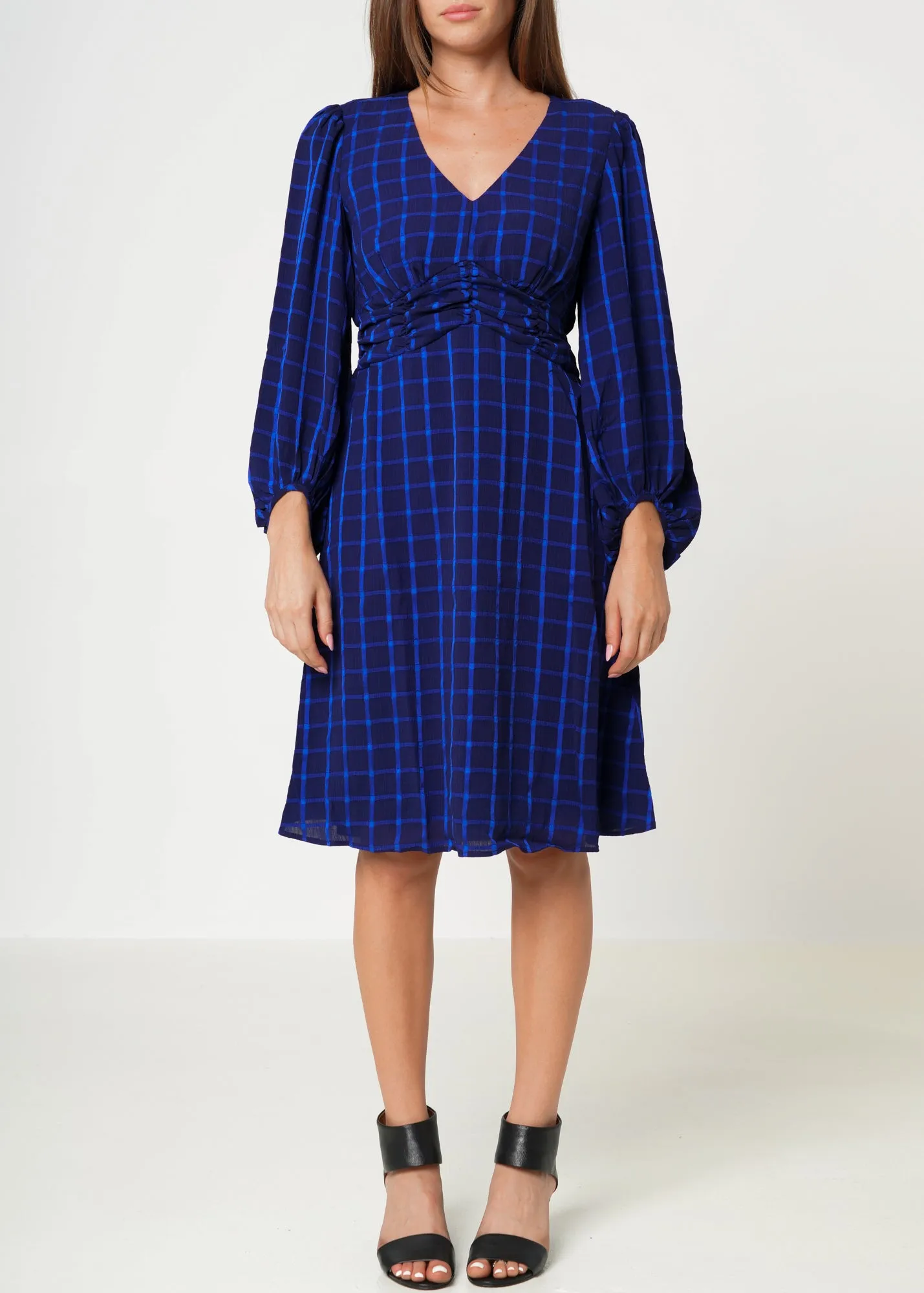 Women's V-neck Checkered Dress in Night Plaid