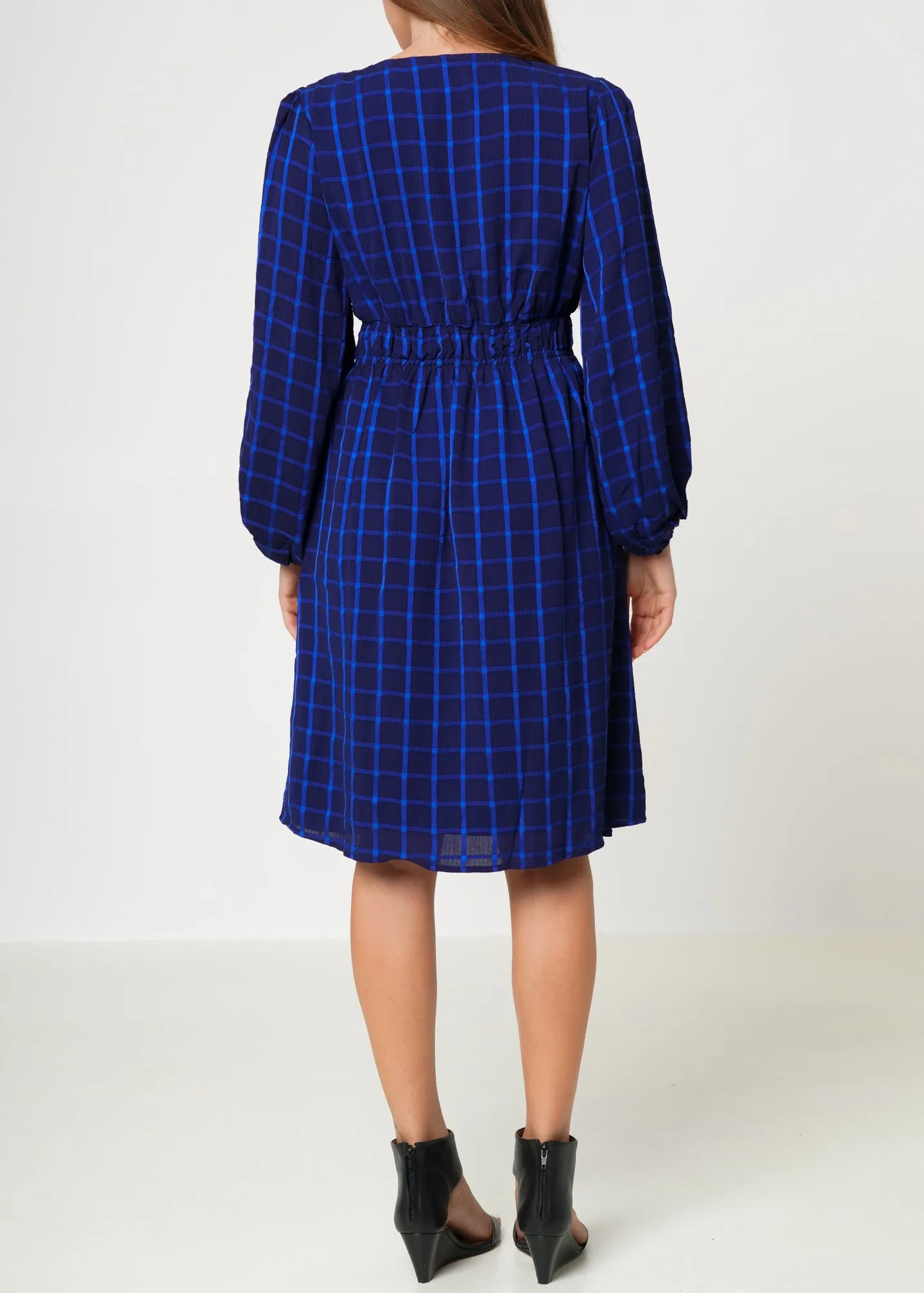 Women's V-neck Checkered Dress in Night Plaid