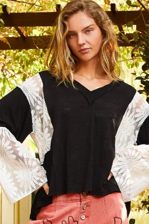 Women's V-Shaped Lace Detail Blouse with Flared Sleeves | Elegant and Romantic
