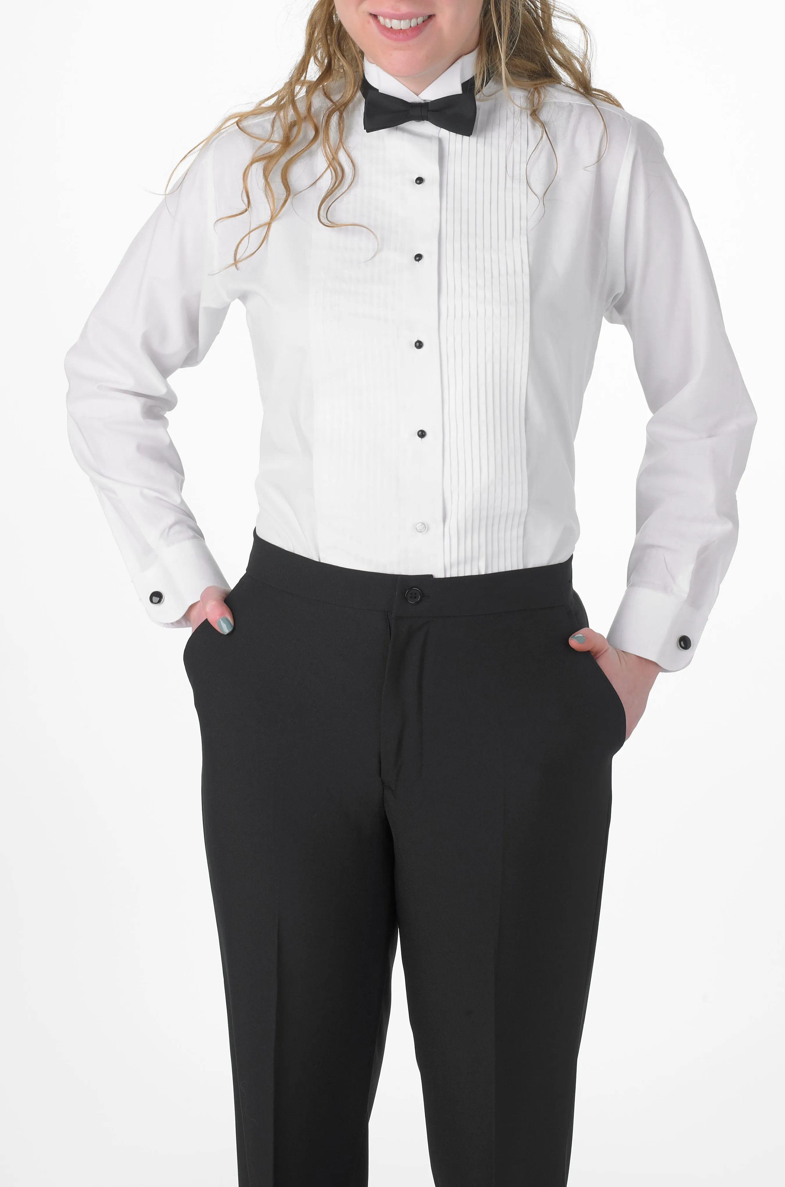 Women's White, Wing Tip Collar, Long Sleeve Tuxedo Shirt with ¼″ Pleats