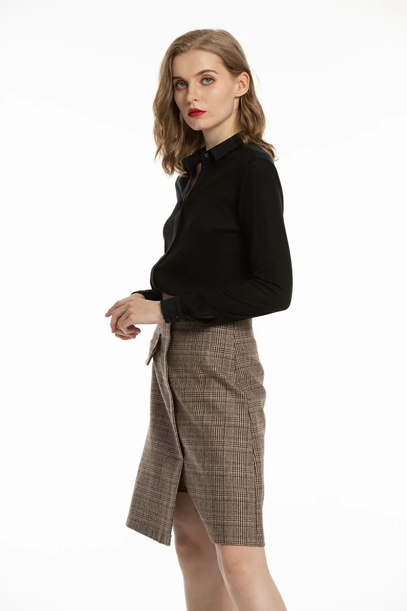 Woolen Bloom Women's Button Down Blouse Wool Long Sleeve Casual Office Work Blouse Shirts Tops