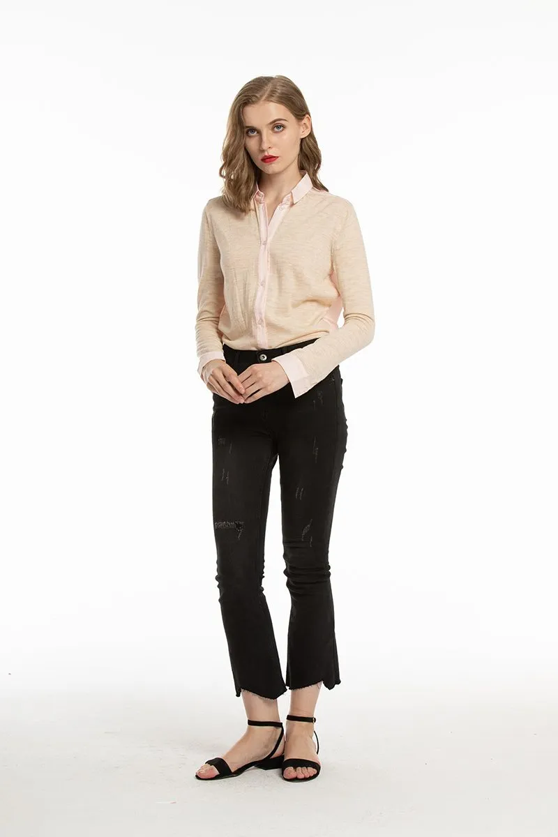 Woolen Bloom Women's Button Down Blouse Wool Long Sleeve Casual Office Work Blouse Shirts Tops