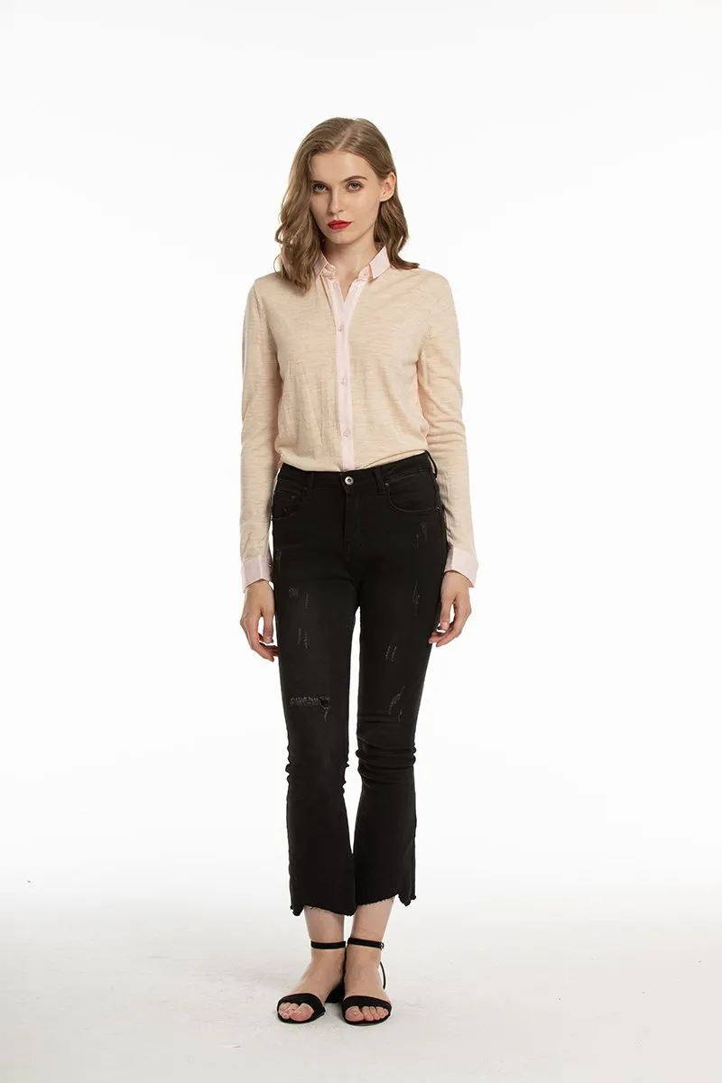 Woolen Bloom Women's Button Down Blouse Wool Long Sleeve Casual Office Work Blouse Shirts Tops