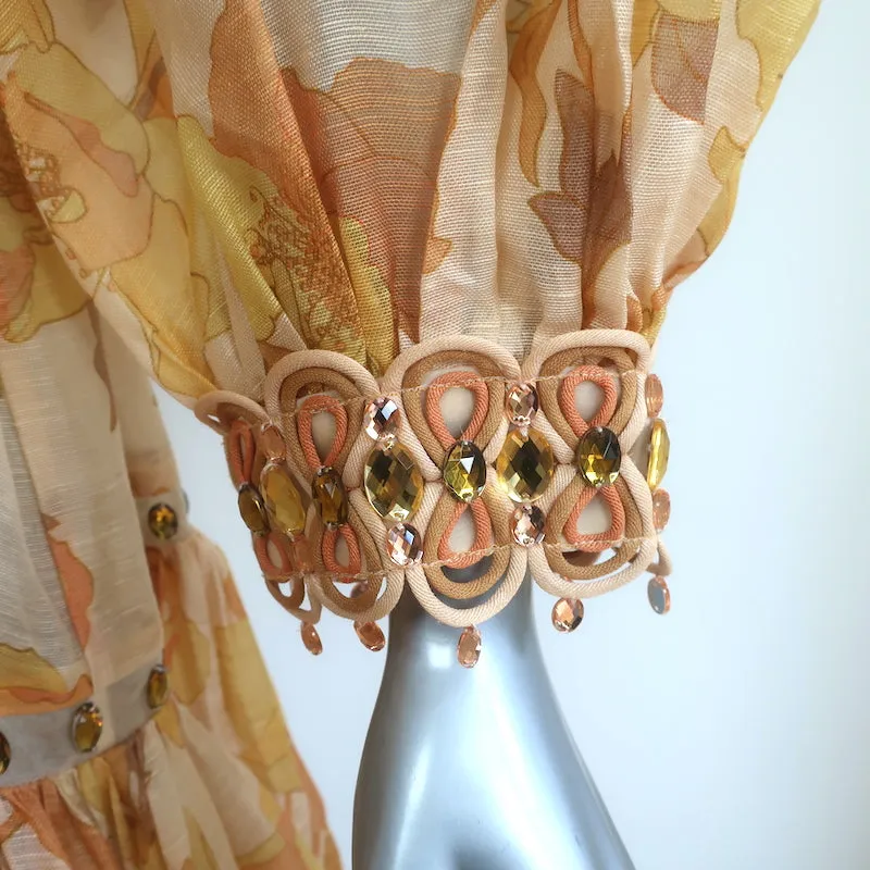 Zimmermann Jeweled Mini Dress Tempo Rouleau Light Yellow Floral Print Size 3