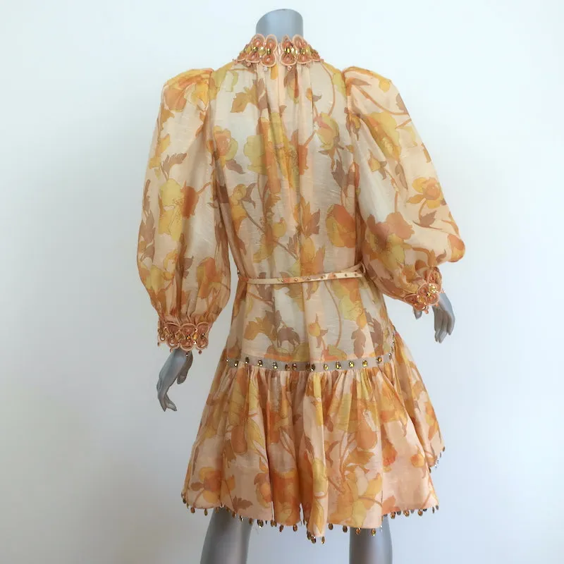 Zimmermann Jeweled Mini Dress Tempo Rouleau Light Yellow Floral Print Size 3