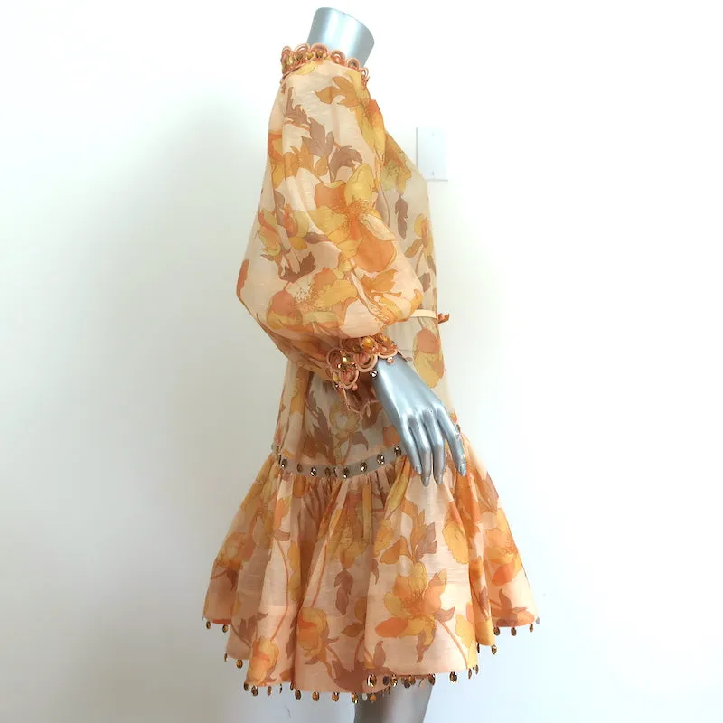 Zimmermann Jeweled Mini Dress Tempo Rouleau Light Yellow Floral Print Size 3