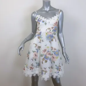 Zimmermann Picnic Lace-Trimmed Mini Dress Cream Floral Print Linen-Silk Size 0