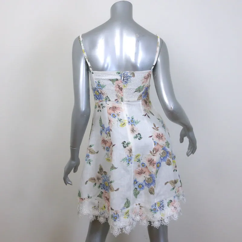 Zimmermann Picnic Lace-Trimmed Mini Dress Cream Floral Print Linen-Silk Size 0